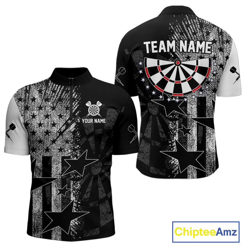 US Flag Grunge Star Dartboard Men's Darts Quarter-Zip Shirt - Custom Name For Players NYN0756