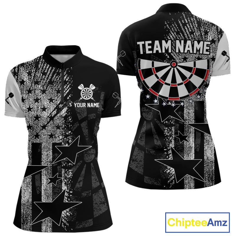 US Flag Grunge Star Dartboard Women's Darts Quarter-Zip Shirt - Custom Name For Players NYN0756