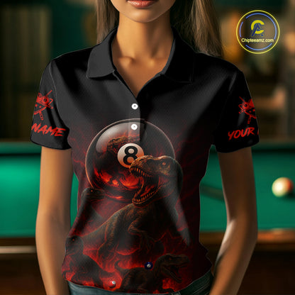 Fire Flame Dinosaur & Pool 8 Ball Women Billiard Team Shirt Custom Billiard Polo & 1/4-Zip Attire NYN2498