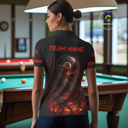 Fire Flame Dinosaur & Pool 8 Ball Women Billiard Team Shirt Custom Billiard Polo & 1/4-Zip Attire NYN2498
