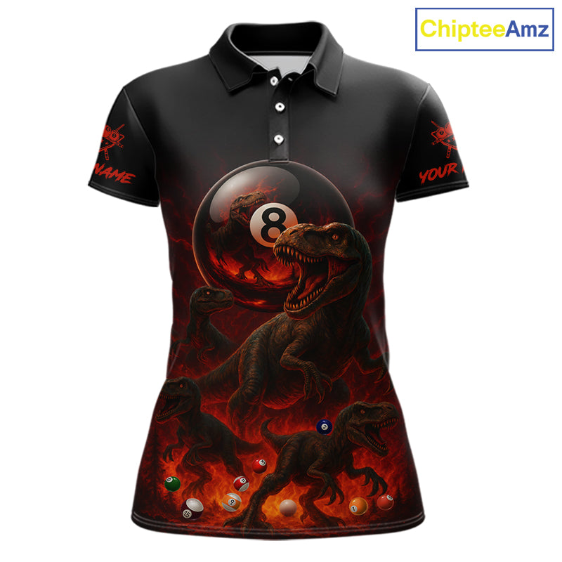 Fire Flame Dinosaur & Pool 8 Ball Women Billiard Team Shirt Custom Billiard Polo & 1/4-Zip Attire NYN2498