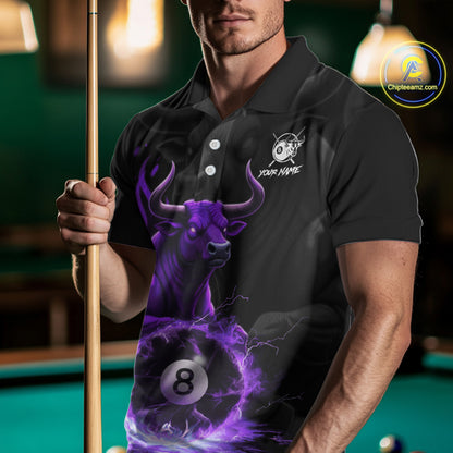 Black & Purple Flames Pool 8 Ball Men's Billiard Team Shirt Custom Funny Bull Billiard Attire NYN2502