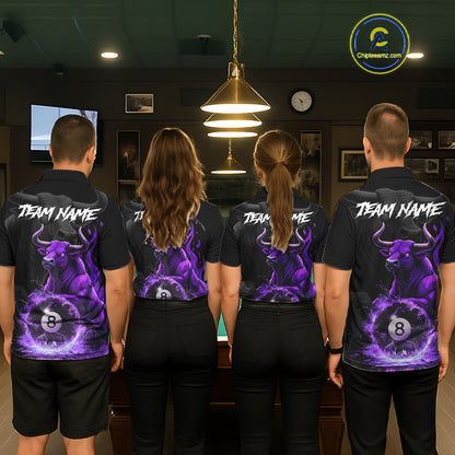 Black & Purple Flames Pool 8 Ball Men's Billiard Team Shirt Custom Funny Bull Billiard Attire NYN2502