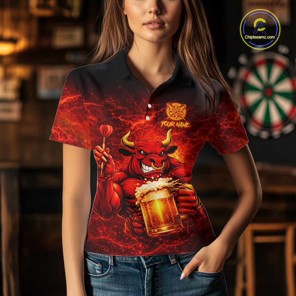 Red|Funny Bull & Beer Thunder Lightning Dart Polo Shirts For Women Custom Name For Darters NYN2698