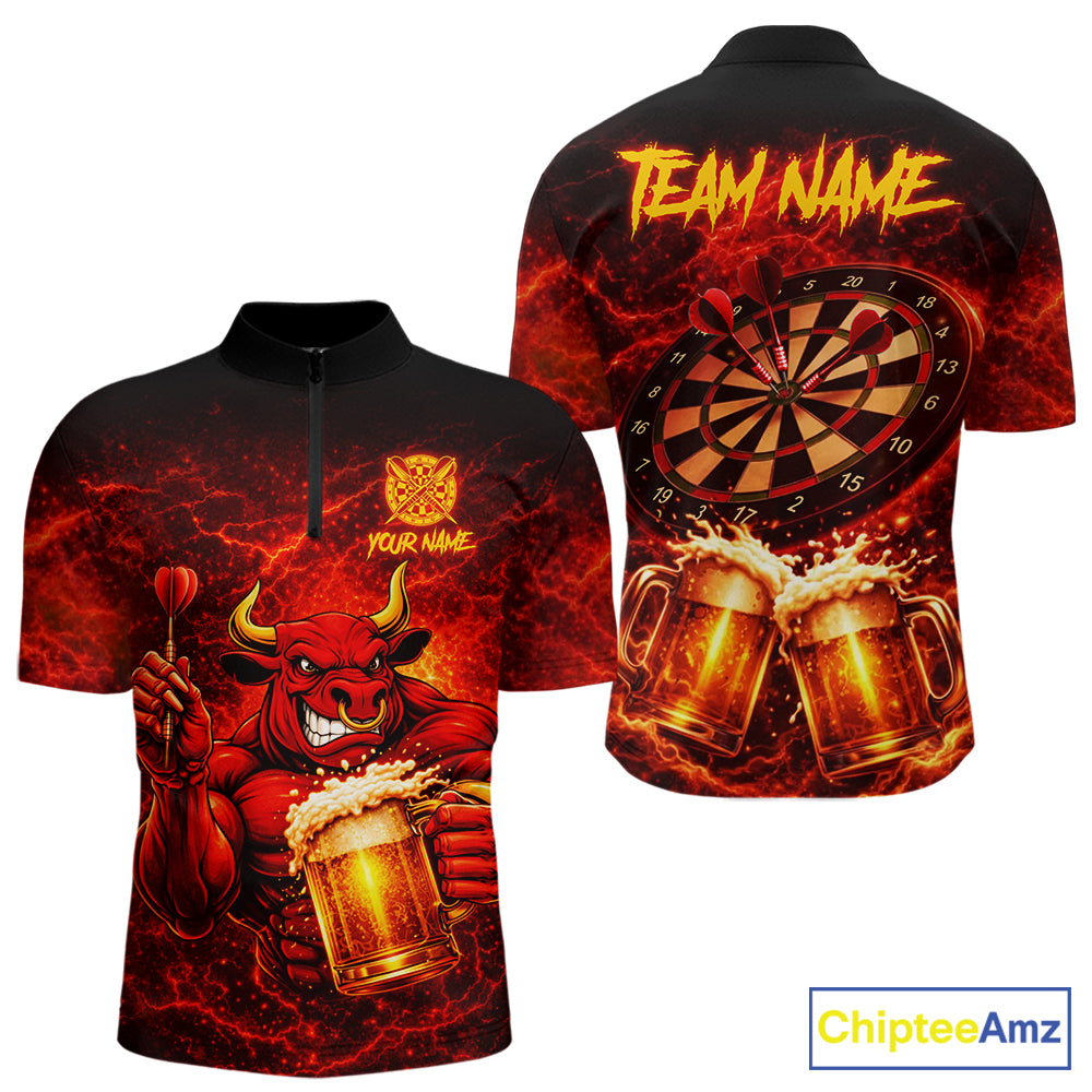 Red|Funny Bull & Beer Thunder Lightning Dart 1/4-Zip Shirts For Men Custom Name For Darters NYN2698