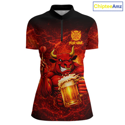 Red|Funny Bull & Beer Thunder Lightning Dart 1/4-Zip Shirts For Women Custom Name For Darters NYN2698
