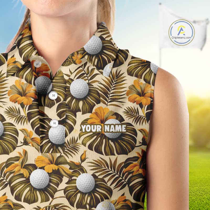 Personalized Tropical Yellow Monstera & Golfs Pattern Custom Golf Sleeveless Polo Shirt For Women Golf Clothes NYN2865