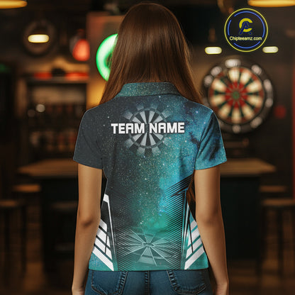 Custom Women's Darts Team Shirt With Cosmic Teal Gradient & Abstract Dartboards NYN0287