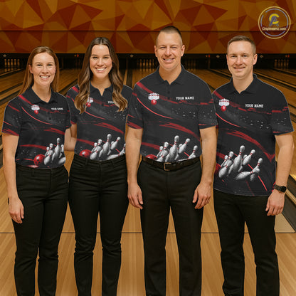 Black And Red Grunge Bowling Ball & Pins Jersey For Women Personalized Team Bowling Shirts NYN3227