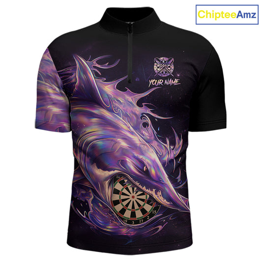 Personalized Pink Holographic Shark Men Darts 1/4-Zip League Shirts Funny Grunge Dart Jerseys NYN2707