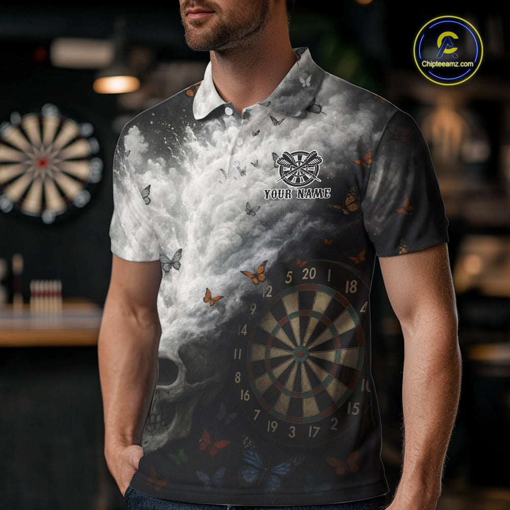Custom White Smokes Skull Dartboard Men Dart Polo Shirt Butterfly Dart Jerseys NYN2708