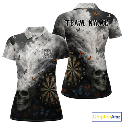 Custom White Smokes Skull Dartboard Women Dart Polo Shirt Butterfly Dart Jerseys NYN2708