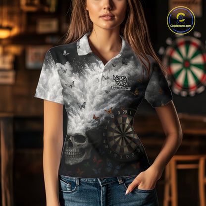 Custom White Smokes Skull Dartboard Women Dart Polo Shirt Butterfly Dart Jerseys NYN2708