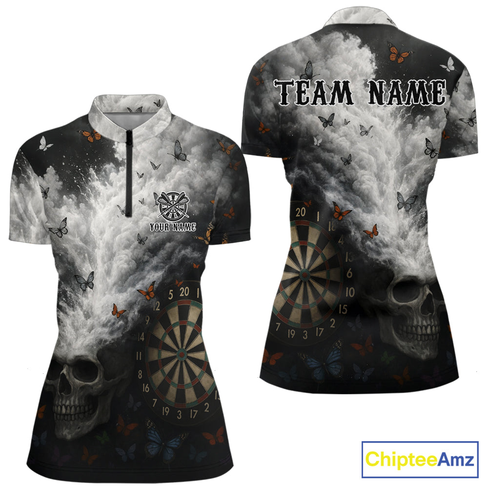 Custom White Smokes Skull Dartboard Women Dart 1/4-Zip Shirt Butterfly Dart Jerseys NYN2708