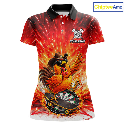 Womens Darts Funny Rooster Red Flames Polo Shirt Custom Name Polo Quarter Zip Shirt Gift For Darters NYN2857
