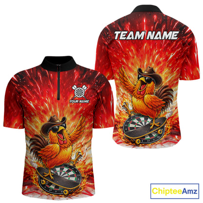 Mens Darts Funny Rooster Red Flames Polo Shirt Custom Name Polo Quarter Zip Shirt Gift For Darters NYN2857