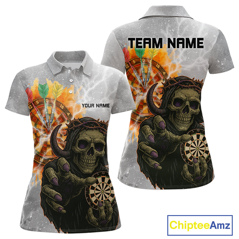 Women's Custom Darts Shirt With Death Reaper Fiery Dartboard & Lightning Effect NYN0295