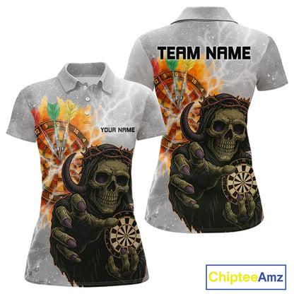 Women's Custom Darts Shirt With Death Reaper Fiery Dartboard & Lightning Effect NYN0295
