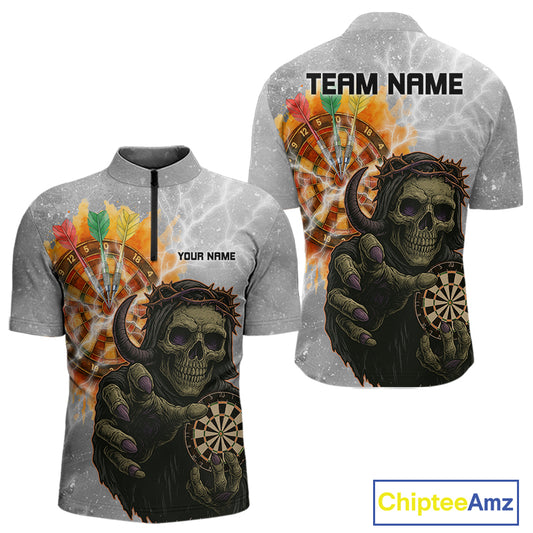 Men's Custom Darts Shirt With Death Reaper Fiery Dartboard & Lightning Effect NYN0295