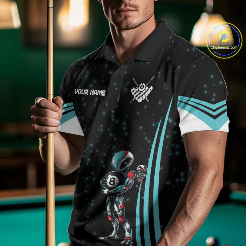 Male billiards player wearing Funny Alien 8 Ball turquoise galaxy pool jersey during league tournament, custom cue sports apparel