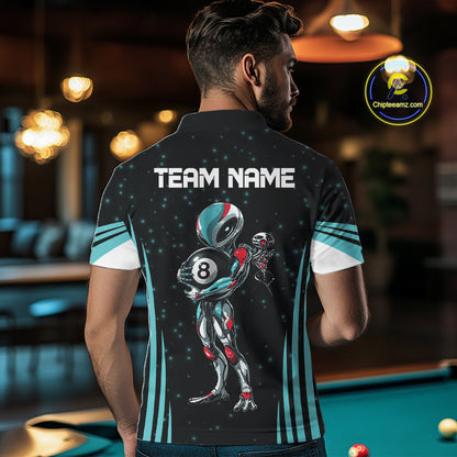 Male billiards player wearing Funny Alien 8 Ball turquoise galaxy pool jersey during league tournament, custom cue sports apparel