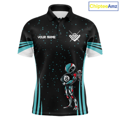 Funny Alien 8 Ball men's billiard polo shirt custom turquoise galaxy pool jersey, personalized billiards team uniform, 8 ball pool shirt, custom cue sports apparel