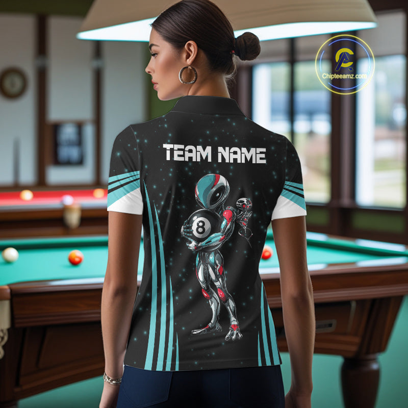 Female billiards player wearing Funny Alien 8 Ball turquoise galaxy pool jersey during league tournament, custom cue sports apparel