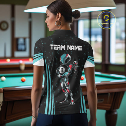 Female billiards player wearing Funny Alien 8 Ball turquoise galaxy pool jersey during league tournament, custom cue sports apparel