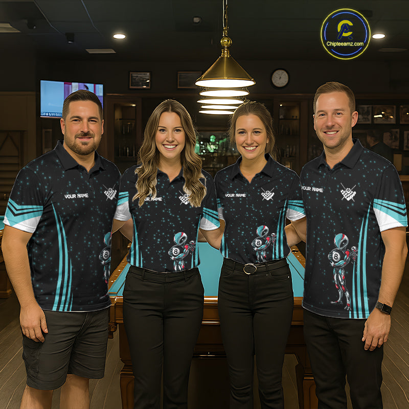 Men women billiard team wearing Funny Alien 8 Ball turquoise galaxy custom pool uniforms, professional 8 ball team jerseys