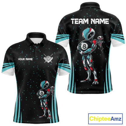 Funny Alien 8 Ball men's billiard polo shirt custom turquoise galaxy pool jersey, personalized billiards team uniform, 8 ball pool shirt, custom cue sports apparel