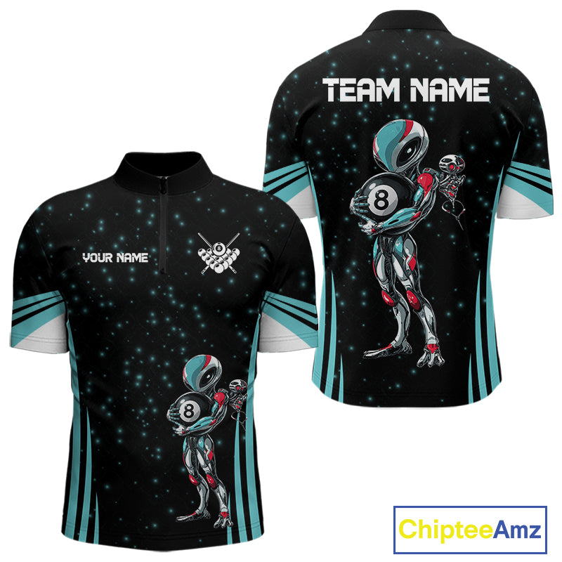 Funny Alien 8 Ball men's quarter zip billiard shirt custom turquoise galaxy pool team jersey, personalized billiards apparel, tournament pool uniform