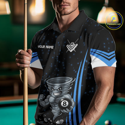 Male pool player wearing Funny Muscle Tornado 8 Ball blue billiard jersey during league competition and cue sports event
