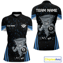 Load image into Gallery viewer, Funny Muscle Tornado 8 Ball women's quarter zip billiard shirt custom blue pool team jersey, tournament billiards apparel