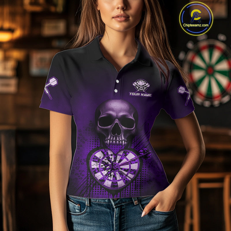 Black And Purple Skull Camo Heart Dartboard Darts Polo Shirt For Women Grunge Dart Jerseys NYN1963