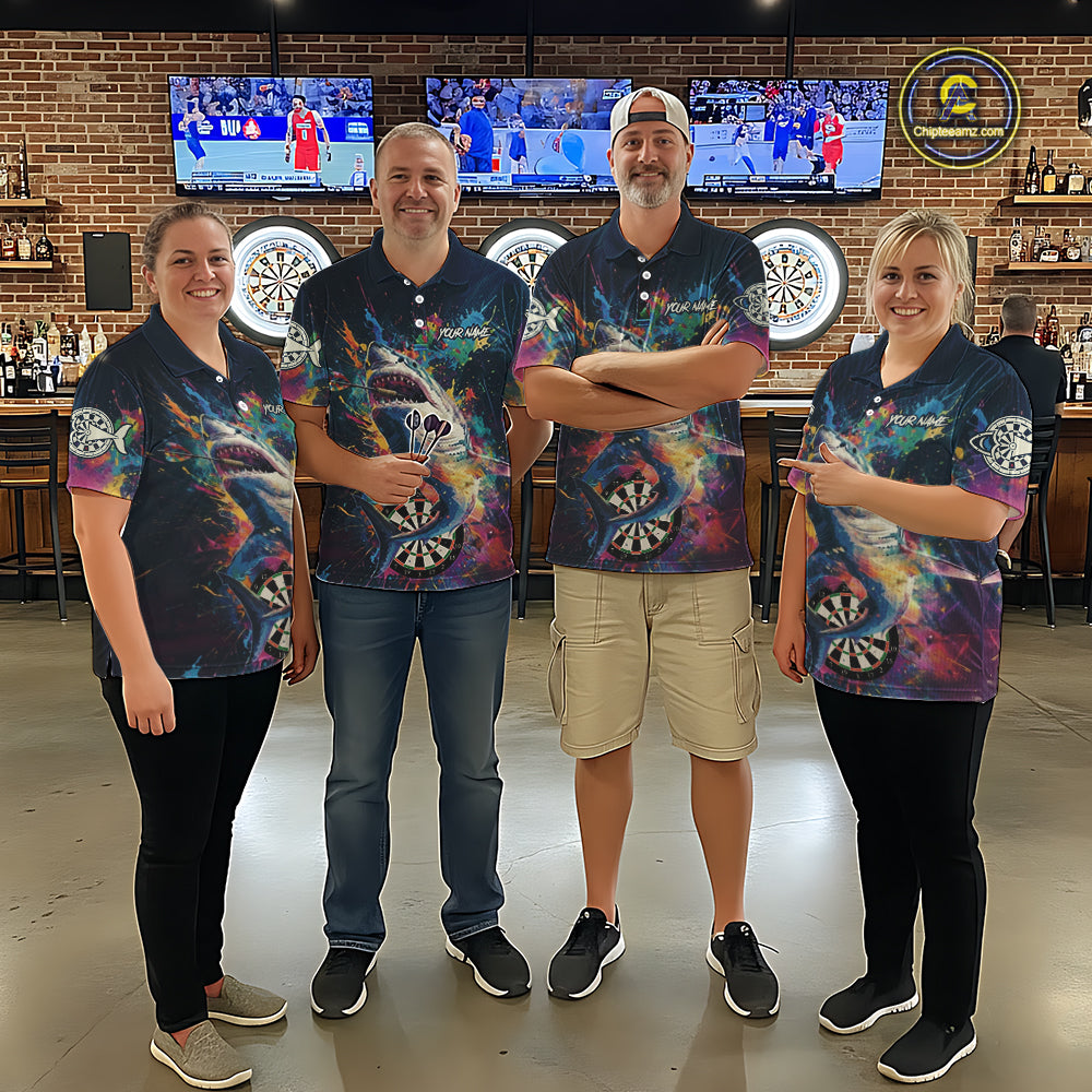 Personalized Multi-Color Splatter Funny Shark Men Darts Quarter-Zip League Shirts Dart Jerseys NYN2217