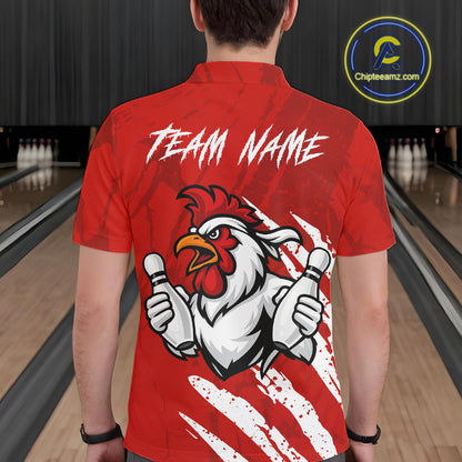 Custom White And Red Funny Rooster Bowling Polo & 1/4-Zip Team Shirts For Men Bowling Gifts NYN2721
