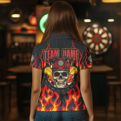 Personalized Skull Firefighter In Flame Custom Darts Shirt For Women, Dart Team Shirts NYN0003