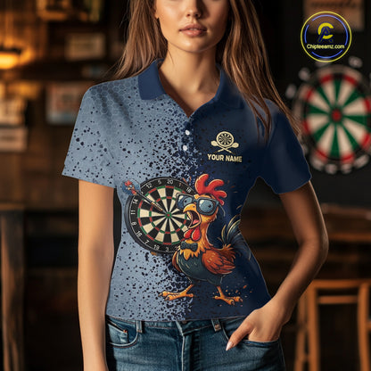 Blue Hexagon Splatter Funny Rooster Darts Polo & 1/4-Zip Shirt Custom Dart Jersey For Women NYN3082