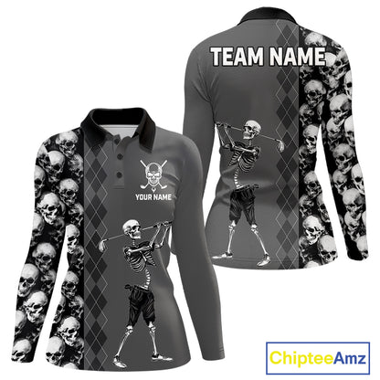 Grey Skeleton Women's Golf Polo Shirt mockup featuring skull design, personalized women's golf polo, custom golf team apparel, Halloween golf clothing, gothic golf fashion, breathable performance golf shirt, unique golf gift for women.