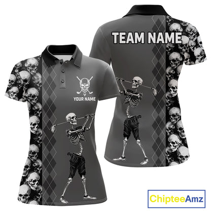 Grey Skeleton Women's Golf Polo Shirt mockup featuring skull design, personalized women's golf polo, custom golf team apparel, Halloween golf clothing, gothic golf fashion, breathable performance golf shirt, unique golf gift for women.