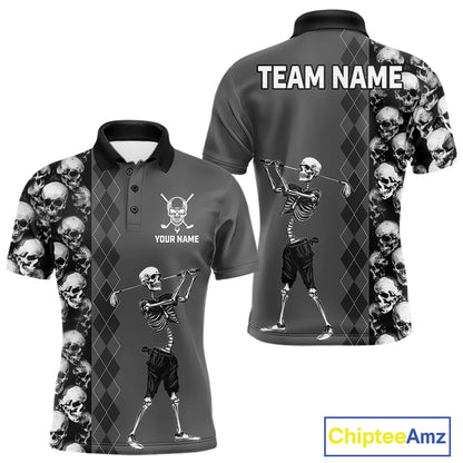 Grey Skeleton Men's Golf Polo Shirt mockup with skull graphic, personalized golf shirt, custom name golf polo, Halloween golf apparel, moisture-wicking performance golf jersey, gothic sports fashion.