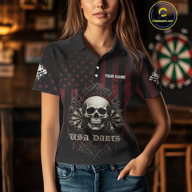 Custom Red Gothic Skulls Dartboard Patriotic Men Darts Polo Shirt US Flag Darts Jersey NYN1974