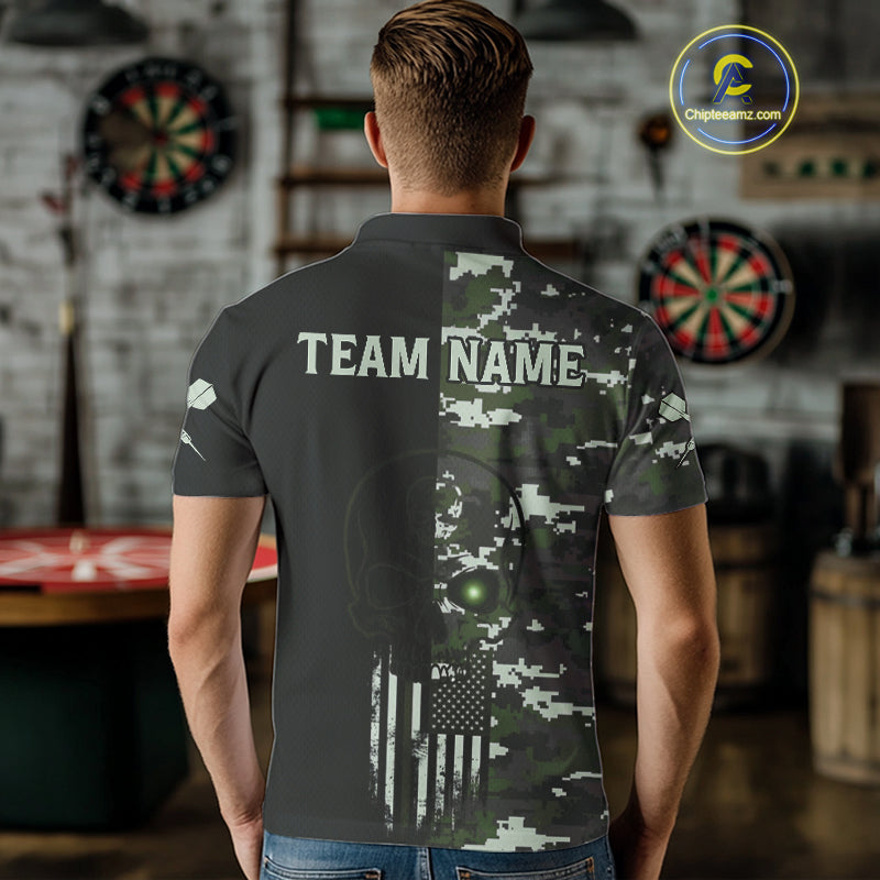Black Green Military US Flag Digital Camo Skull Custom Men Darts Polo Shirt Dart Gifts NYN1986