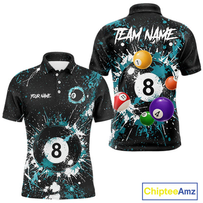 Black And Teal 8 Ball Pool Men Billiard Shirt Personalized Splatter Paint Billiard Jersey For Pooler NYN3088