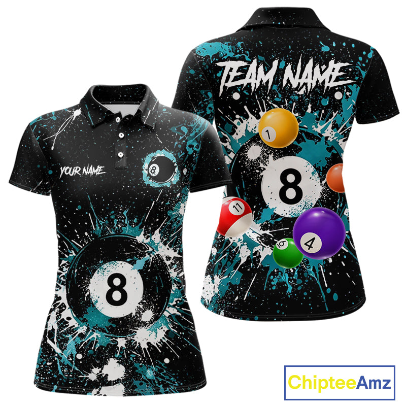 Black And Teal 8 Ball Pool Women Billiard Shirt Personalized Splatter Paint Billiard Jersey For Pooler NYN3088
