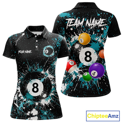 Black And Teal 8 Ball Pool Women Billiard Shirt Personalized Splatter Paint Billiard Jersey For Pooler NYN3088
