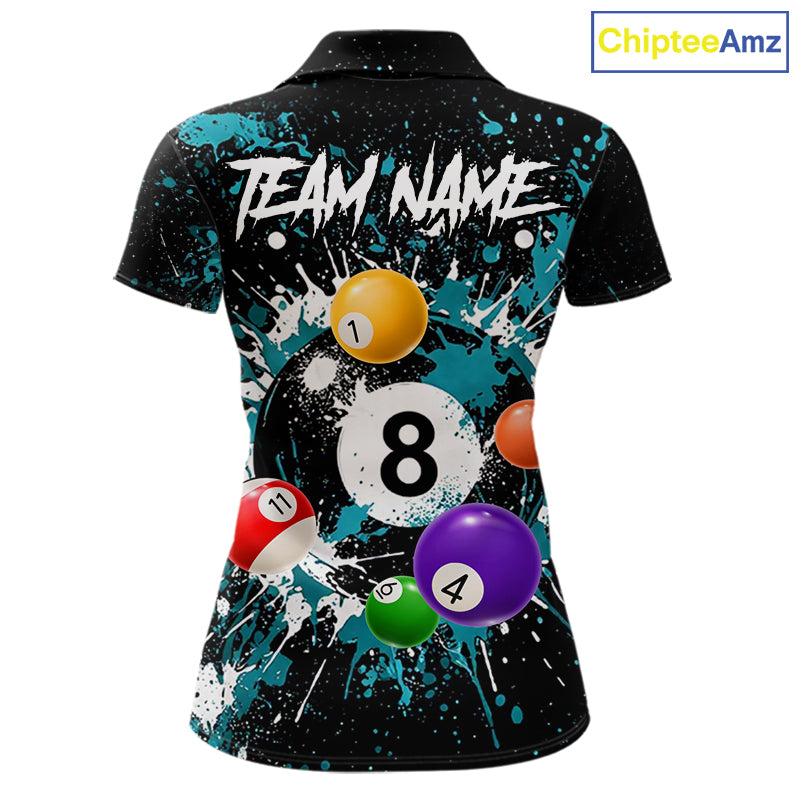 Black And Teal 8 Ball Pool Women Billiard Shirt Personalized Splatter Paint Billiard Jersey For Pooler NYN3088