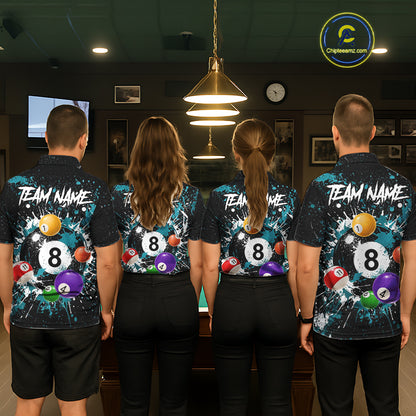 Black And Teal 8 Ball Pool Men Billiard Shirt Personalized Splatter Paint Billiard Jersey For Pooler NYN3088