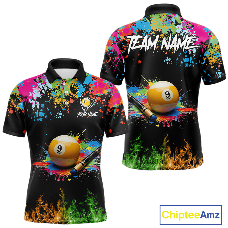 Colorful Paint & Flame 9 Ball Billiard Shirt For Men Personalized Cue Billiard Team Shirt NYN3089