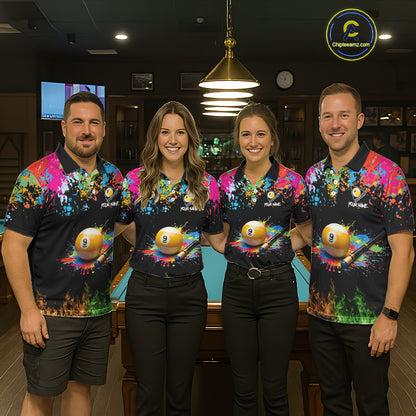 Colorful Paint & Flame 9 Ball Billiard Shirt For Men Personalized Cue Billiard Team Shirt NYN3089